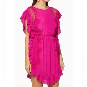 IRO Hot Pink Ruffle Lace-Trim Mini Dress